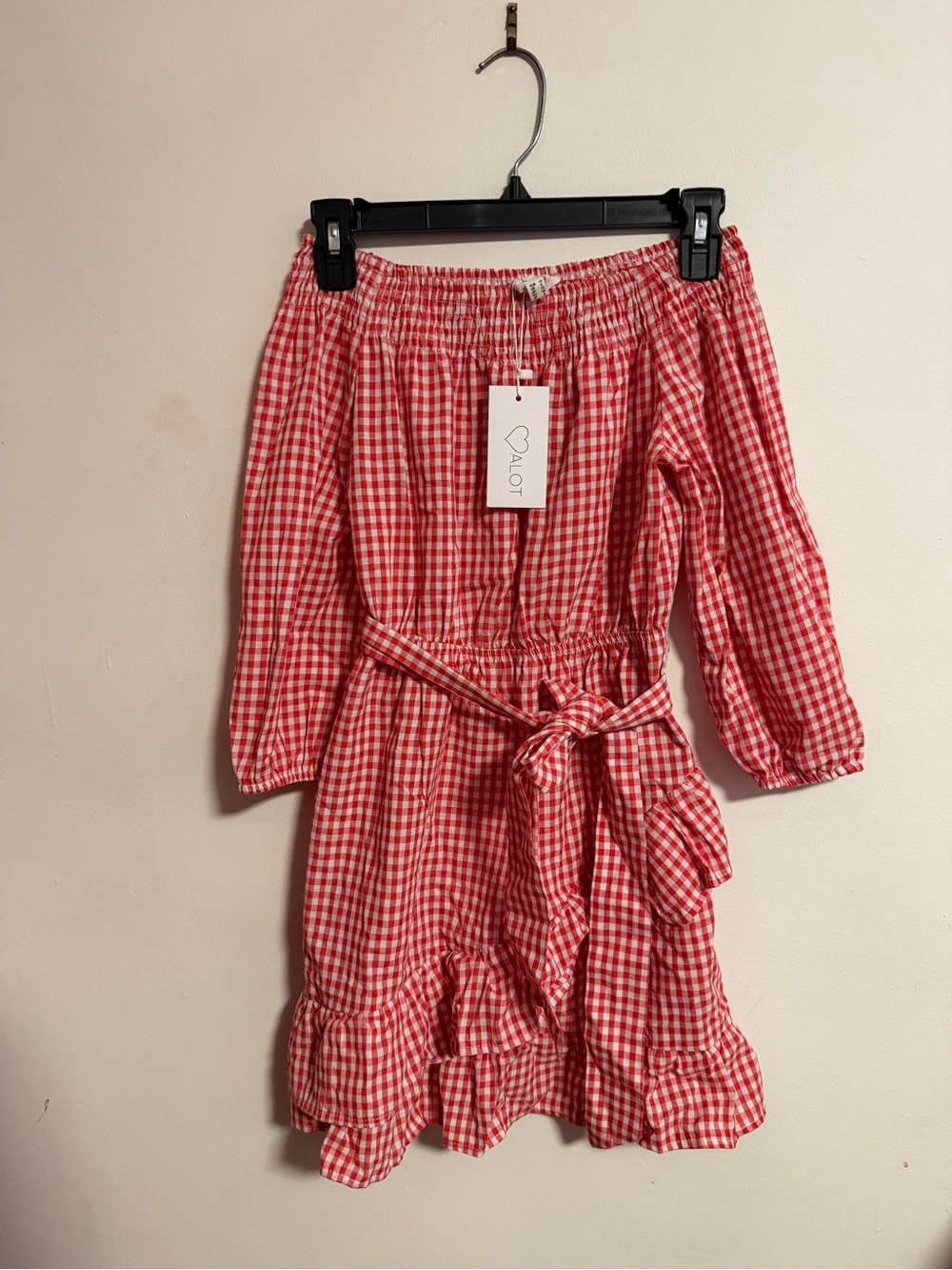LF Red and White Gingham Off-Shoulder Top